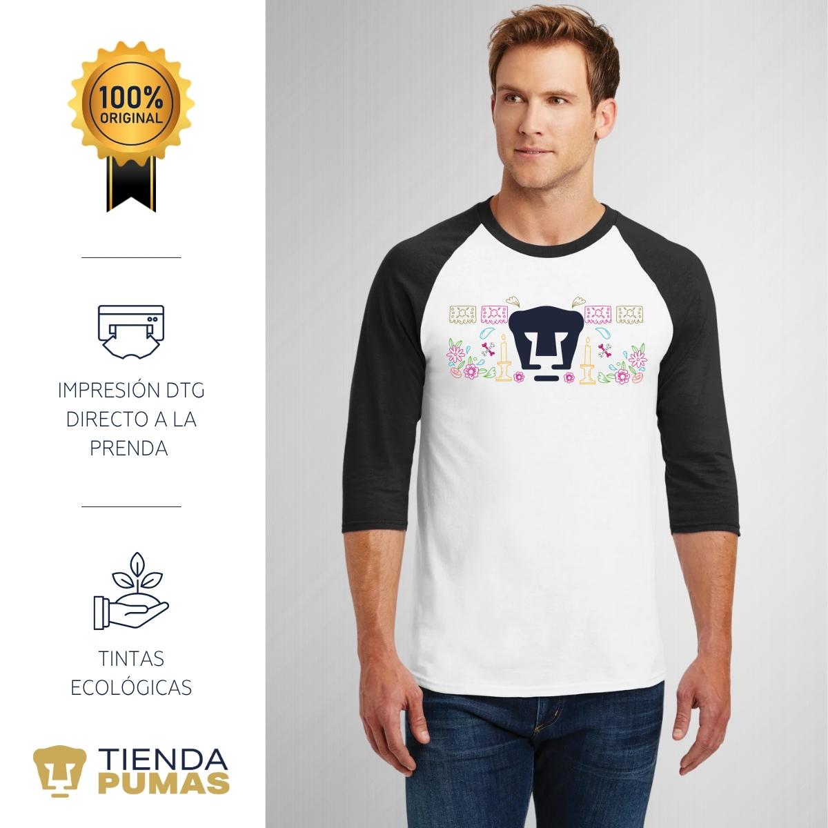 Playera Raglán Manga 3/4 Hombre Pumas UNAM Día de Muertos Altar