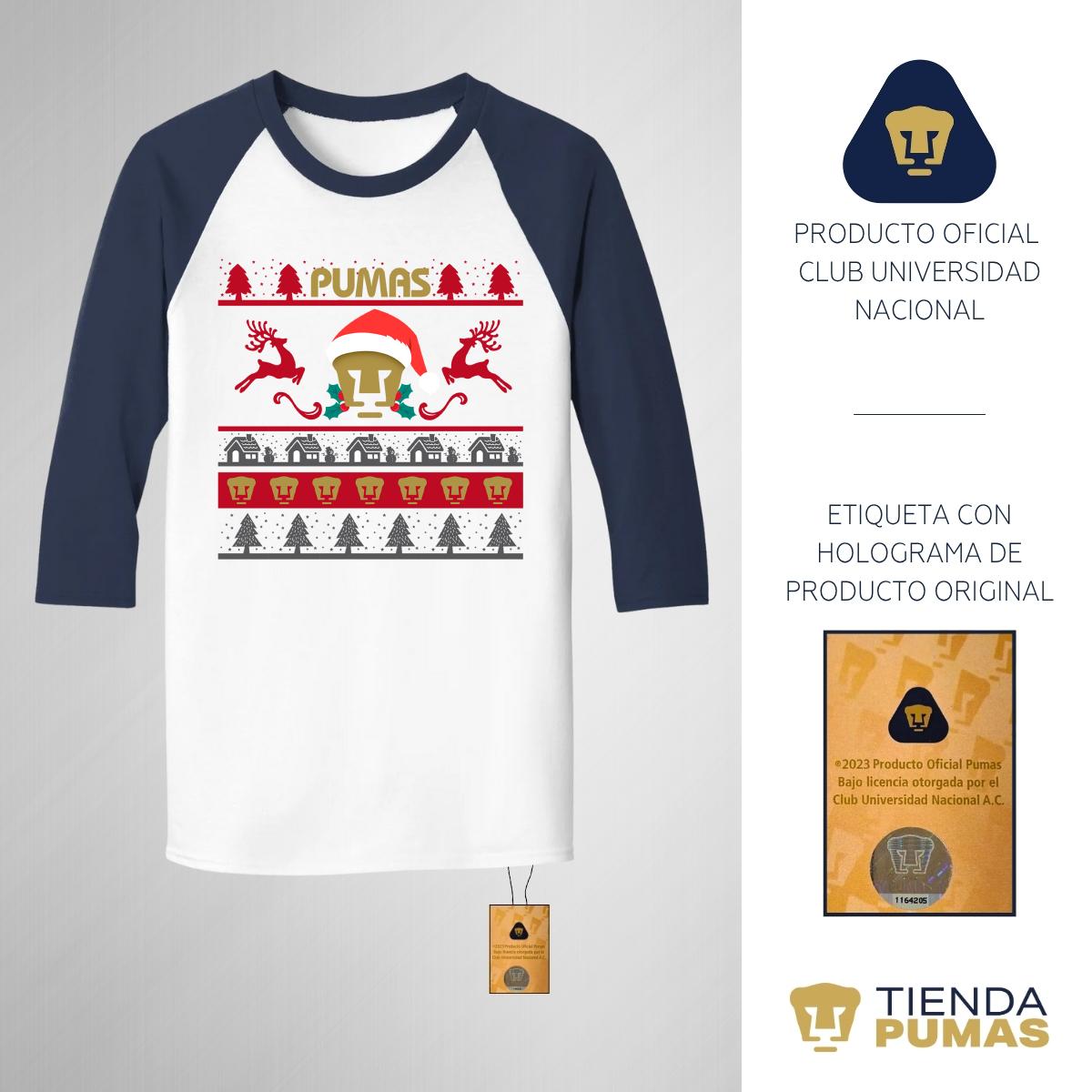 Playera Raglán Manga 3/4 Hombre Pumas UNAM Navidad Renos