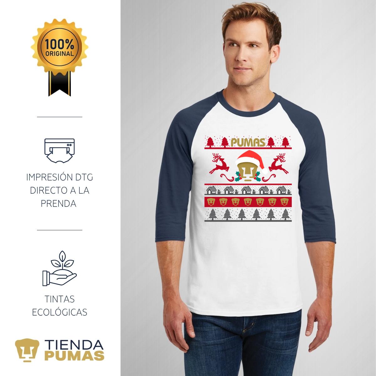 Playera Raglán Manga 3/4 Hombre Pumas UNAM Navidad Renos