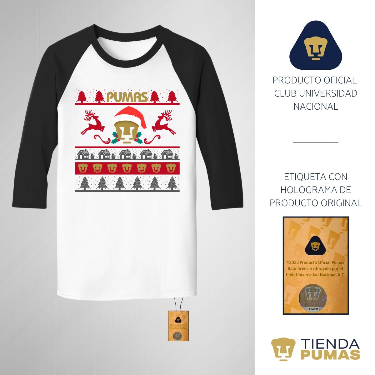 Playera Raglán Manga 3/4 Hombre Pumas UNAM Navidad Renos