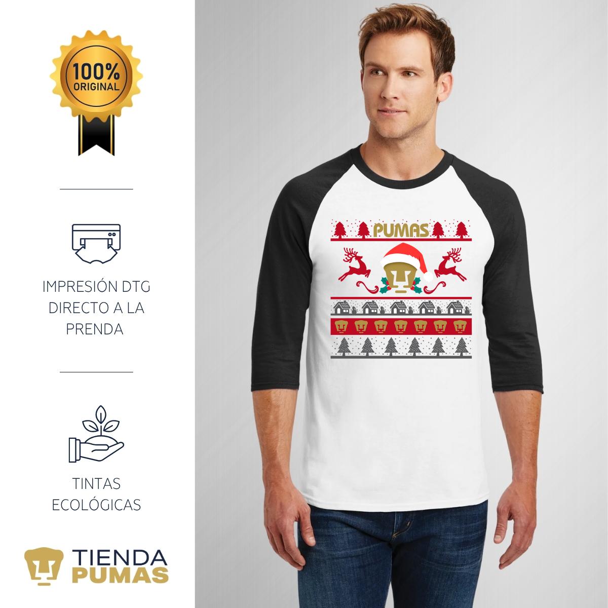 Playera Raglán Manga 3/4 Hombre Pumas UNAM Navidad Renos