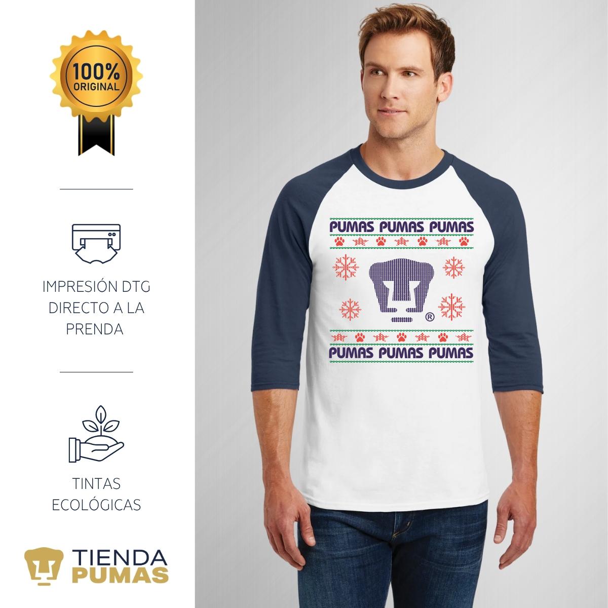 Playera Raglán Manga 3/4 Hombre Pumas UNAM Navidad