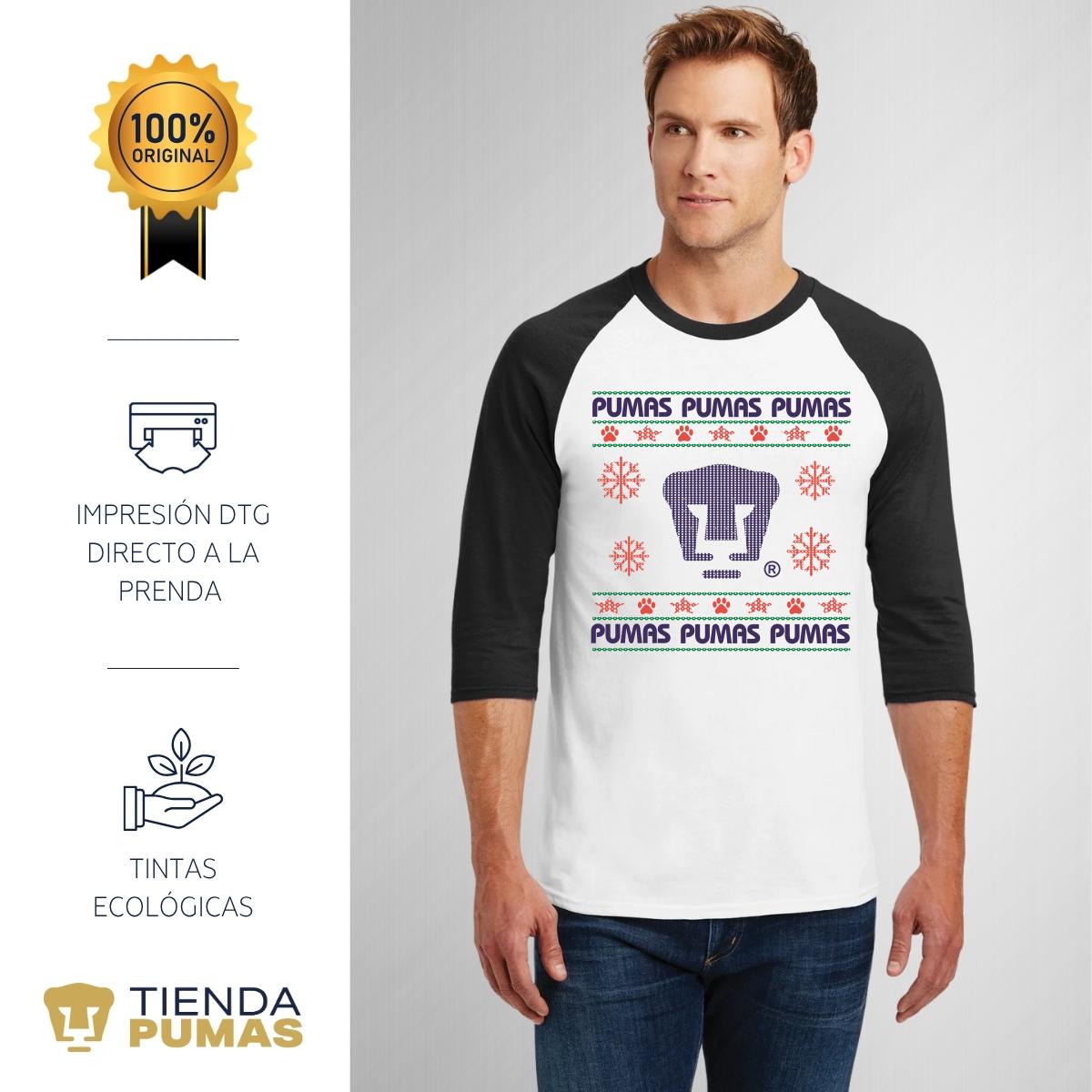 Playera Raglán Manga 3/4 Hombre Pumas UNAM Navidad