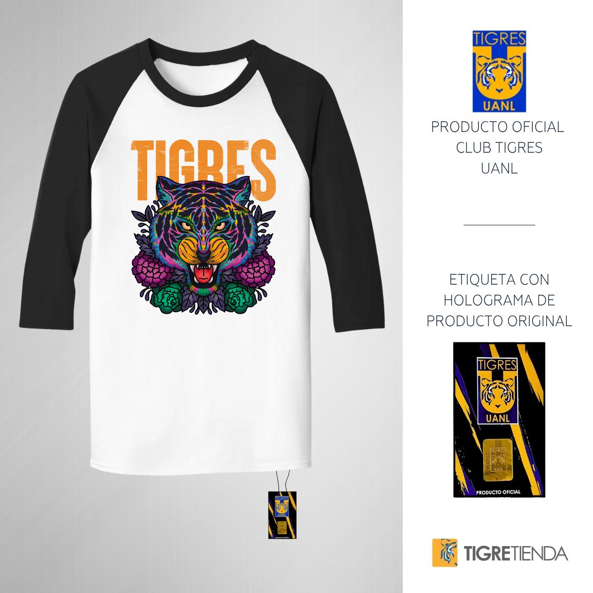 Playera Raglán Manga 3/4 Hombre Tigres UANL Día de Muertos Alebrije