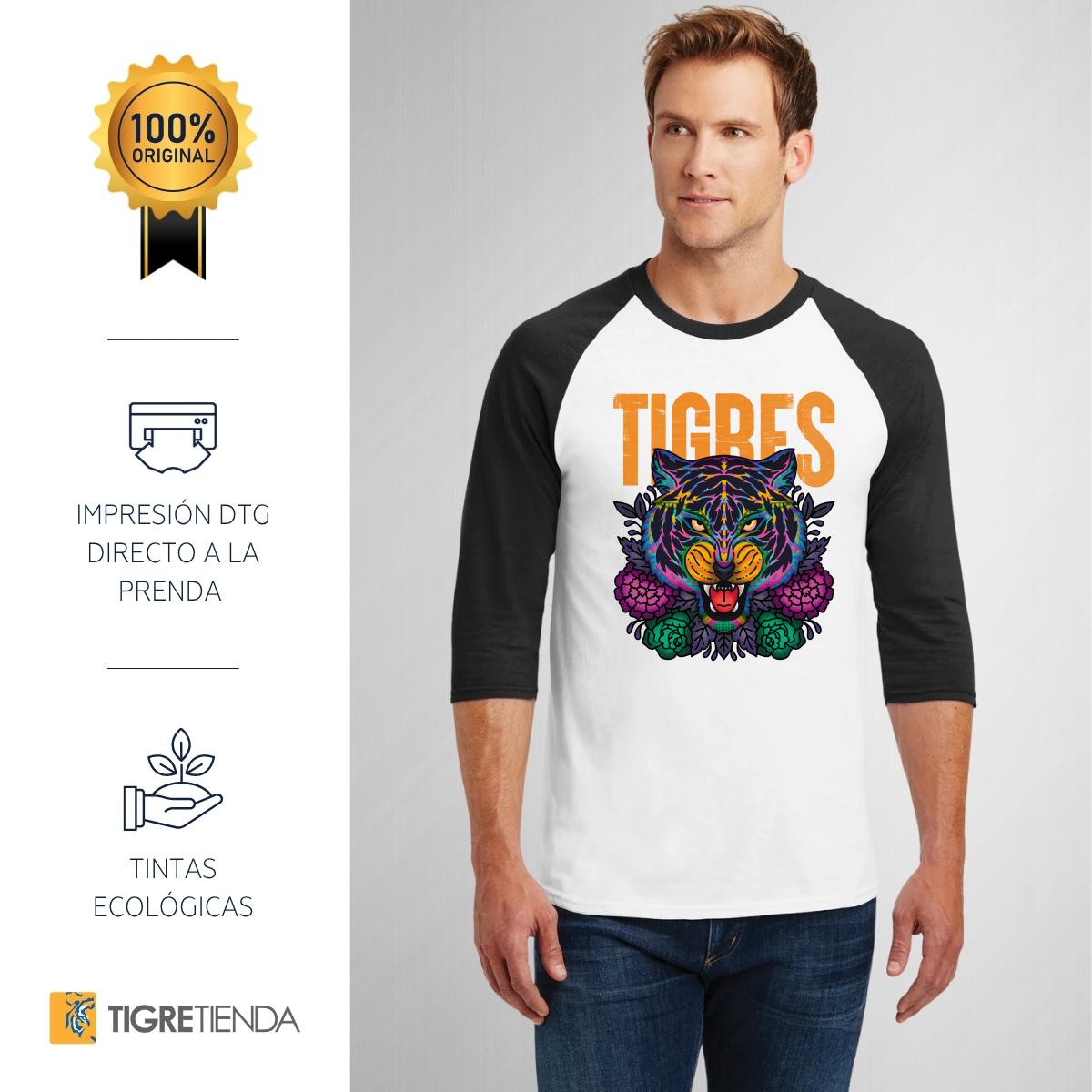 Playera Raglán Manga 3/4 Hombre Tigres UANL Día de Muertos Alebrije