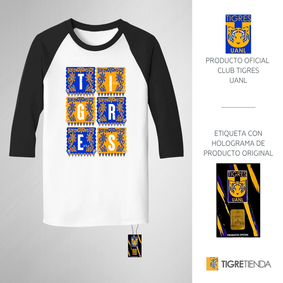 Playera Raglán Manga 3/4 Hombre Tigres UANL Día de Muertos Papel